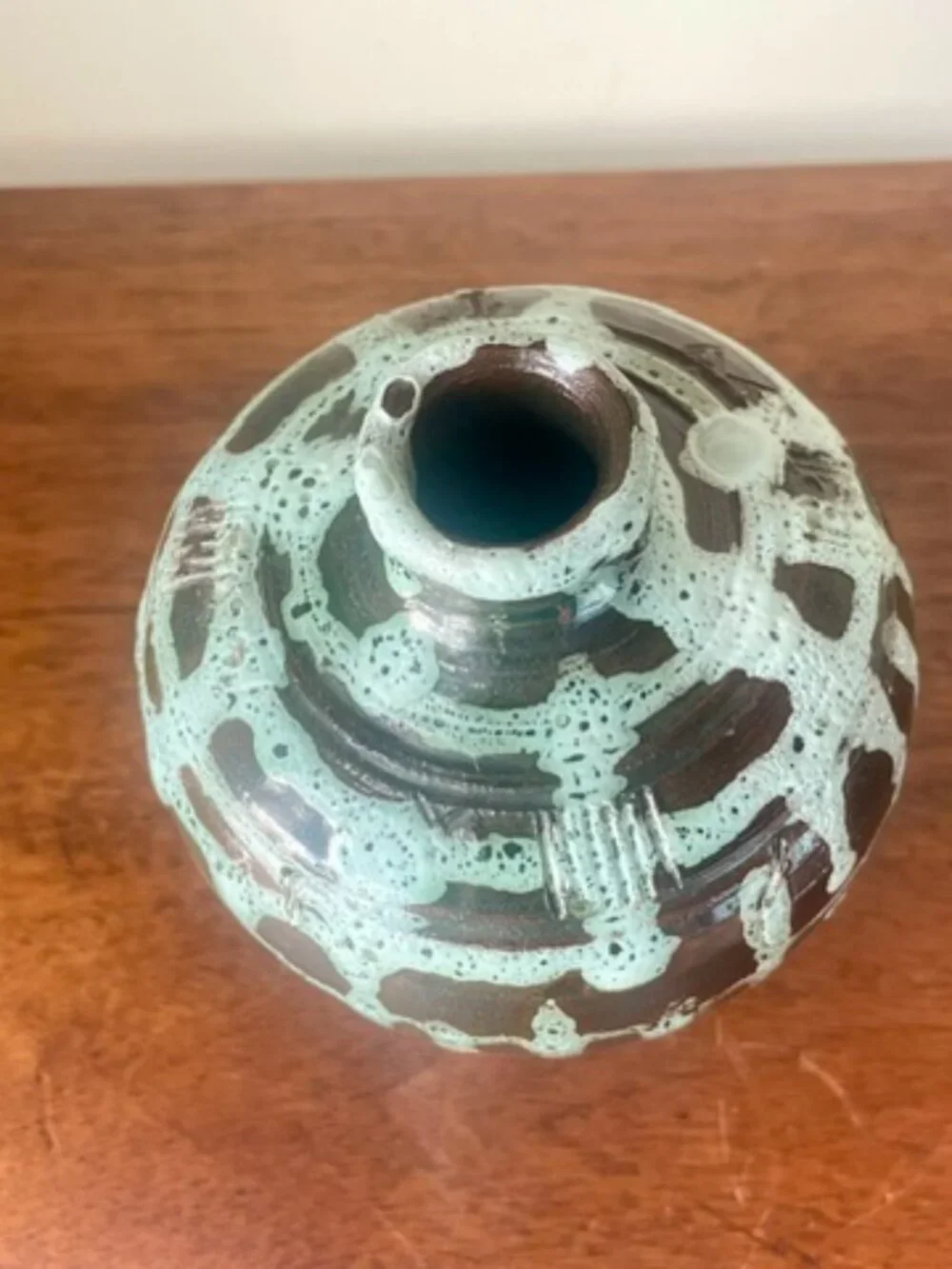 MCM European Vase VTG Dark Matte Base w/Textured Turquoise Drip Glaze